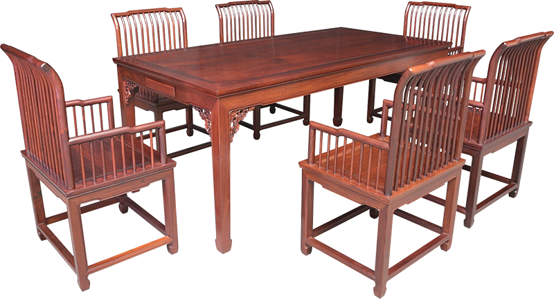 马蹄脚灵芝纹长方桌带椅