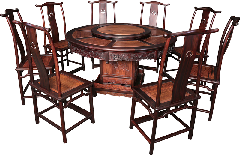 四方底座雕花圆桌带椅